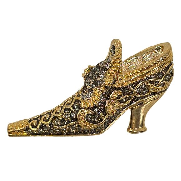 Unsigned Jewelry - Vintage Gold Tone Rhinestone High Heel Shoe Brooch Baroque Victorian Slipper Pin